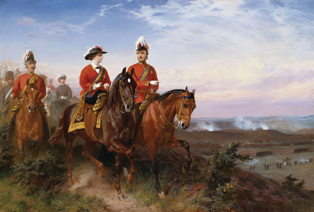 The titular head of British forces, Queen Victoria (depicted at left reviewing troops in an 1859 painting by George Housman Thomas) had no command authority during the Opium Wars. / Royal Collection Trust