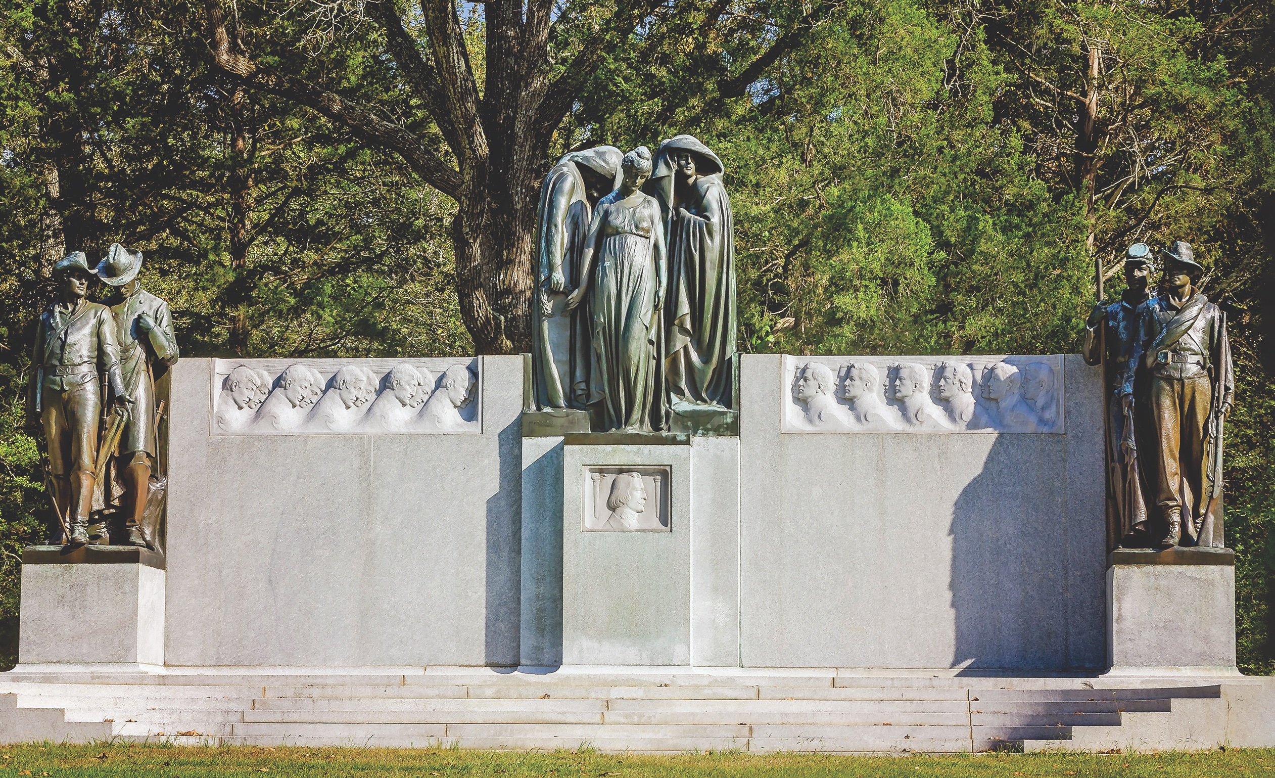 Erected by the UDC in 1917, this prominent Shiloh memorial features “Lost Cause” themes that both Johnston’s death and nightfall led to the Rebels’ irreversible loss. In the center are figures of the South, Death, and Night, with a somber South handing Death a victory wreath. (Alamy Stock Photo)
