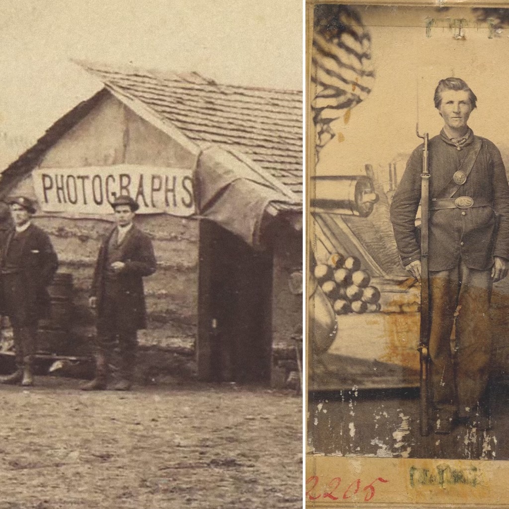 Soldiers posed for portraits in camp studios set up by photographers following the armies, top. Some painted backdrops have been linked to specific army sites, like the one (left) from Benton Barracks. (Melissa A. Winn Collection)