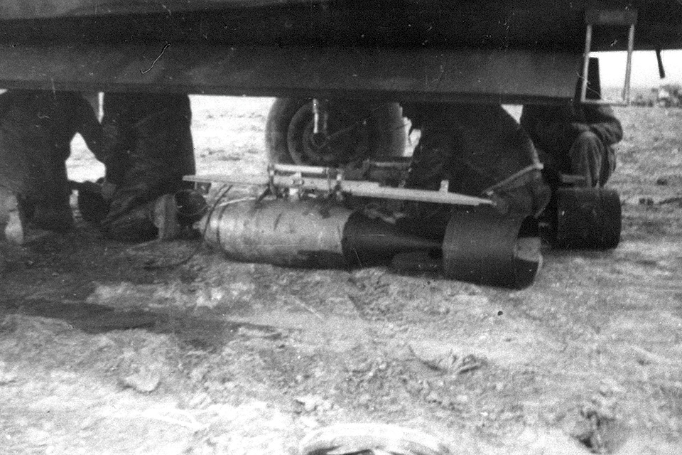 Bombs are loaded into a Boston before takeoff on the July 4 mission. (15th Bomb Squadron Archives)