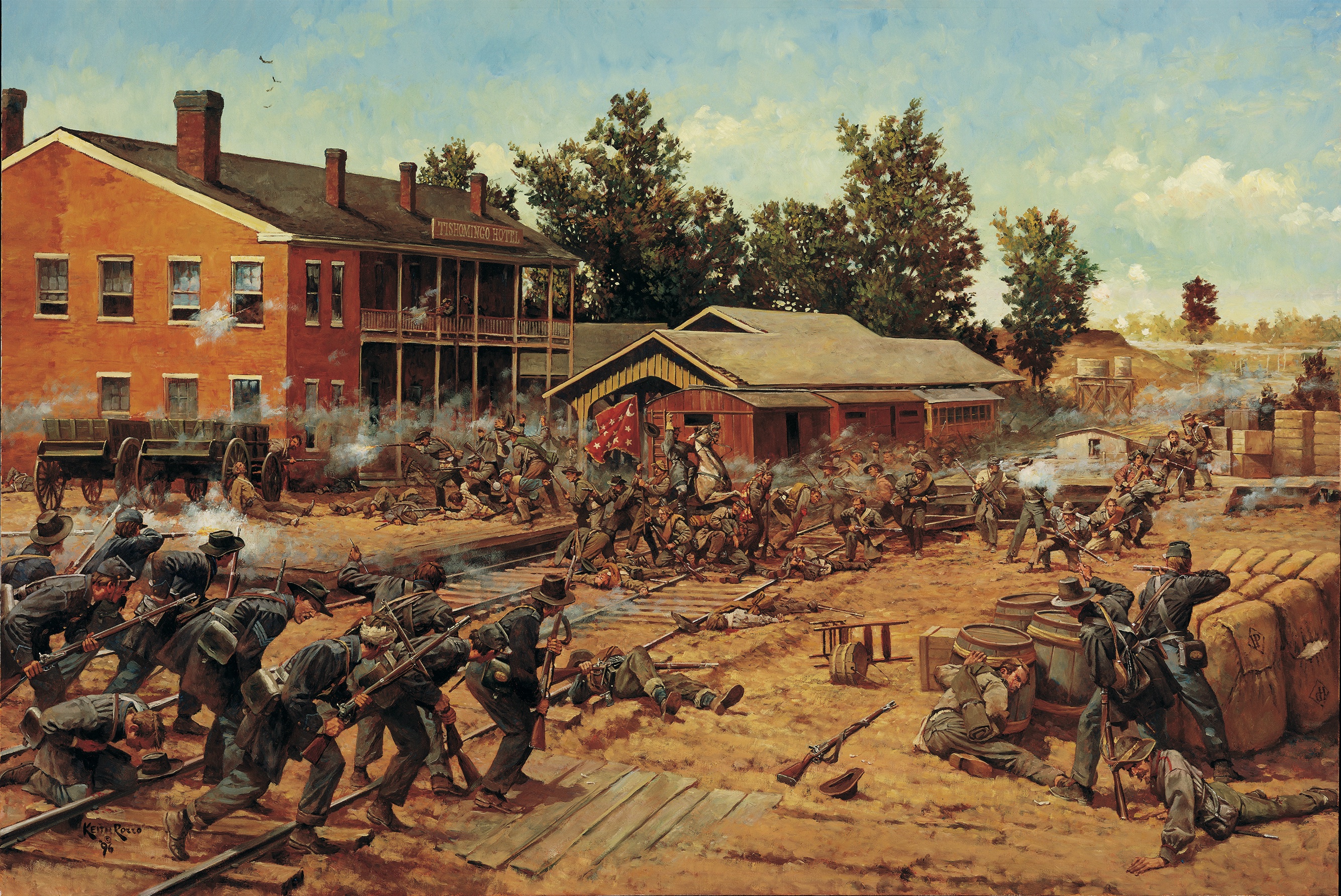 The Tishomingo Hotel at the critical railroad junction of Corinth, Miss., was used as a hospital after the Battle of Shiloh. The fighting shown here occurred during the Second Battle of Corinth in October 1862. (Keith Rocco)