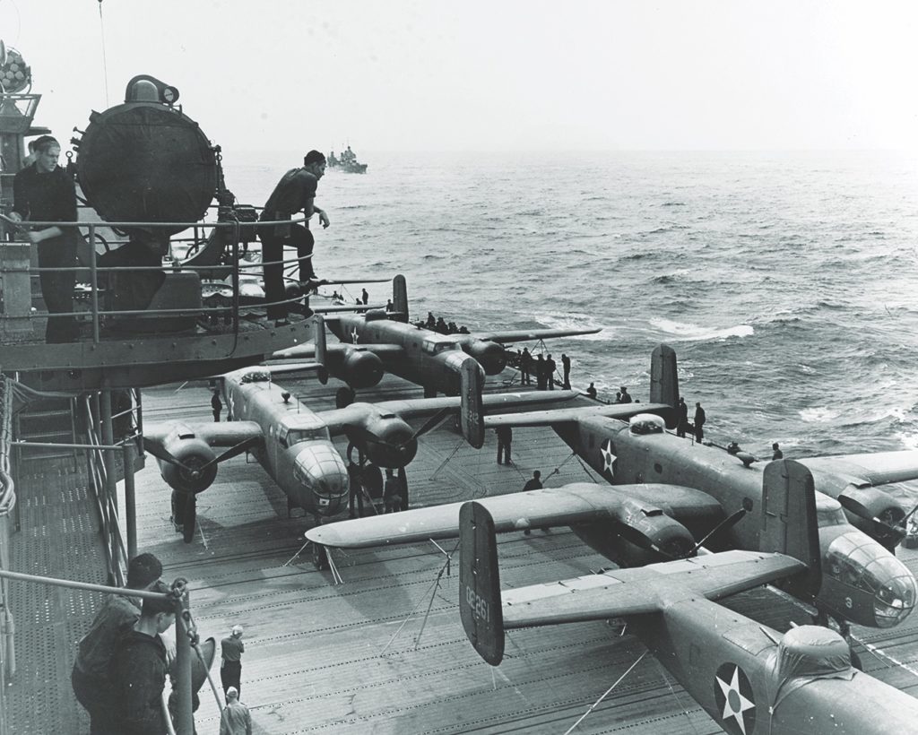 Mitchell B-25s cram the flight deck of USS Hornet prior to the April 1942 Doolittle Raid. Fifteen of the 16 bombers crashed in or near China; one instead headed toward the Soviet Union. (National Archives)