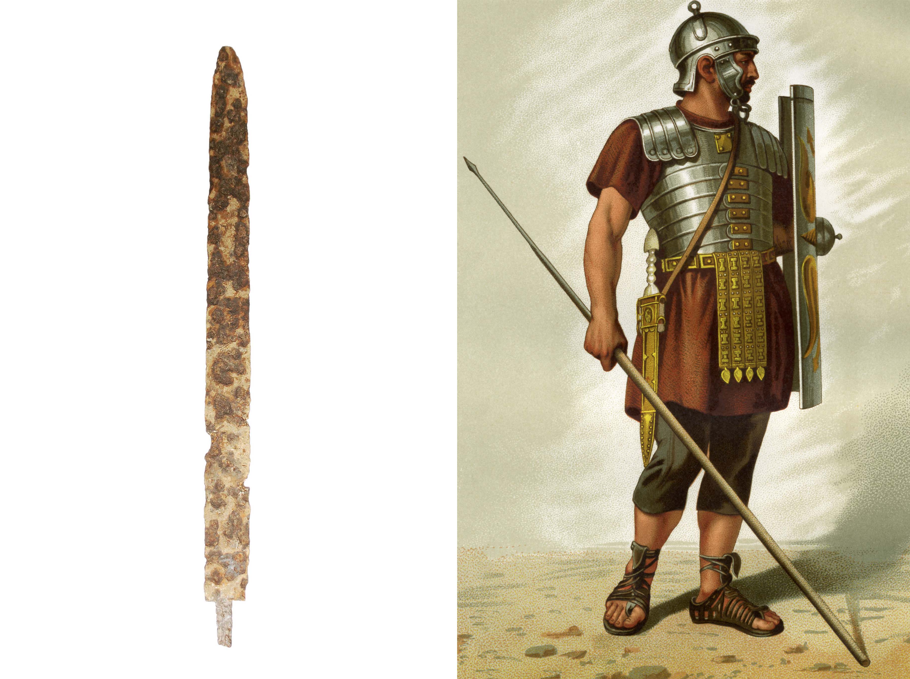The spatha (left) was a long, straight sword preferred by cavalry forces in contrast to the famed Roman gladius (shown right), a short sword designed for thrusting in close combat. / British Museum / Alamy