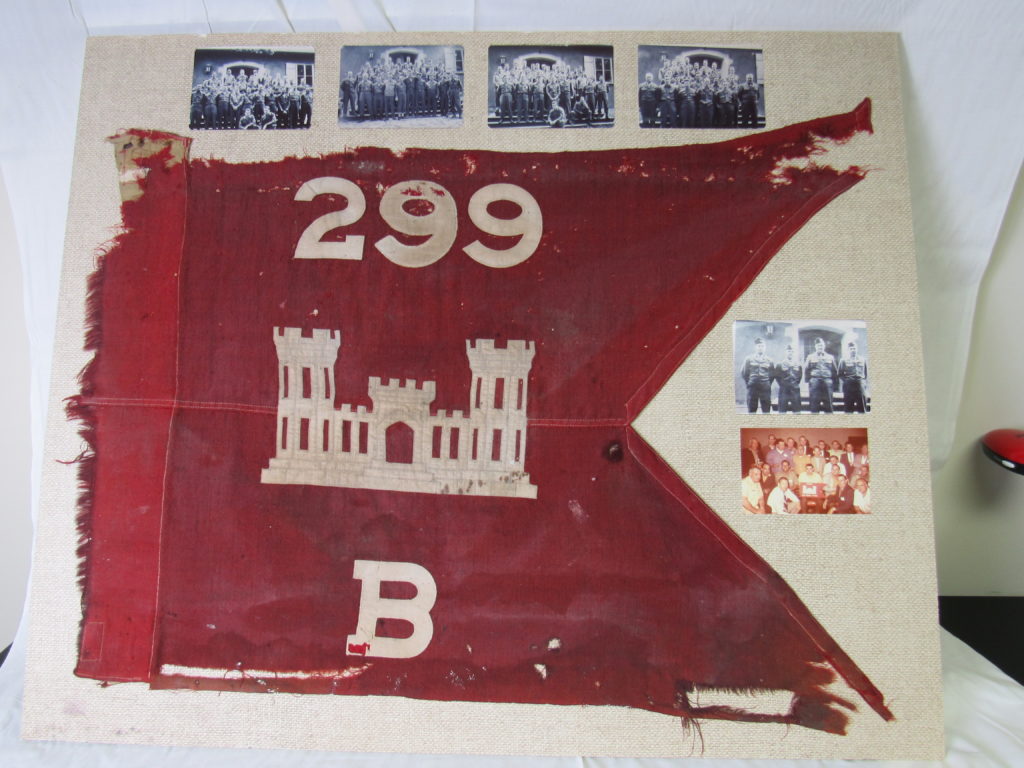 FLYING HIGH: This company flag (technically a guidon) crossed Utah Beach with Company B of the 299th Engineer Combat Battalion. The unit’s mission was to destroy German obstacles and clear mines, a goal complicated by the fact that nearly everyone landed in the wrong place that day. As other elements of their battalion landed on Omaha Beach, the 299th was the only engineering unit to have troops on both Omaha’s and Utah’s shores.