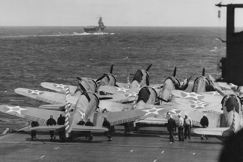 SBD-3s on Enterprise accompany the carrier Hornet and its B-25s during the April 1942 Doolittle Raid. (Library of Congress)