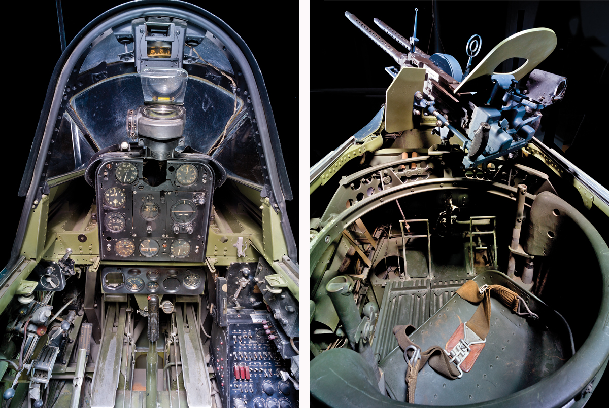 Left: The pilot’s “office” of the SBD-6 in the collection of the National Air and Space Museum in Washington, D.C.. Right: The rear-seater manned a twin .30-caliber machine gun. (Photos: National Air and Space Museum/Eric Long and Mark Avino)