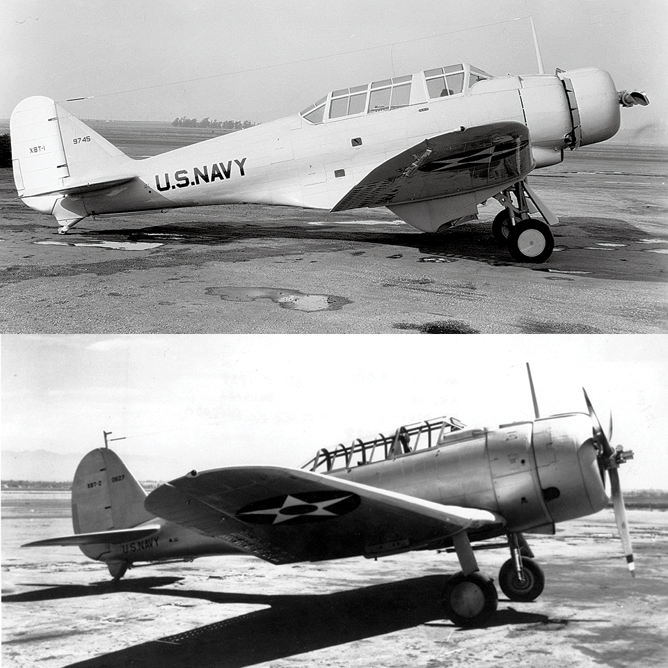 Ed Heinemann’s 1936 Northrop XBT-1 (top) handled poorly, but his Douglas XBT-2 (above) fixed many of its problems and led directly to the SBD. (U.S. Navy)
