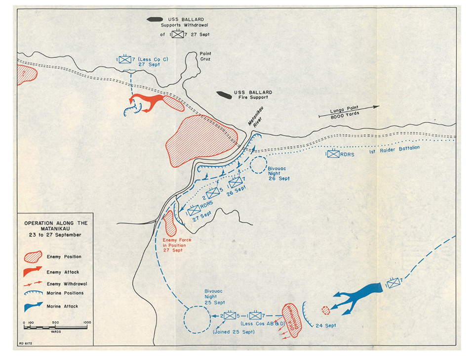 This map shows the area where Puller’s men were in operation. At the top, to the left of Point Cruz is where Munro evacuated the Marines on September 27. (Naval History and Heritage Command)