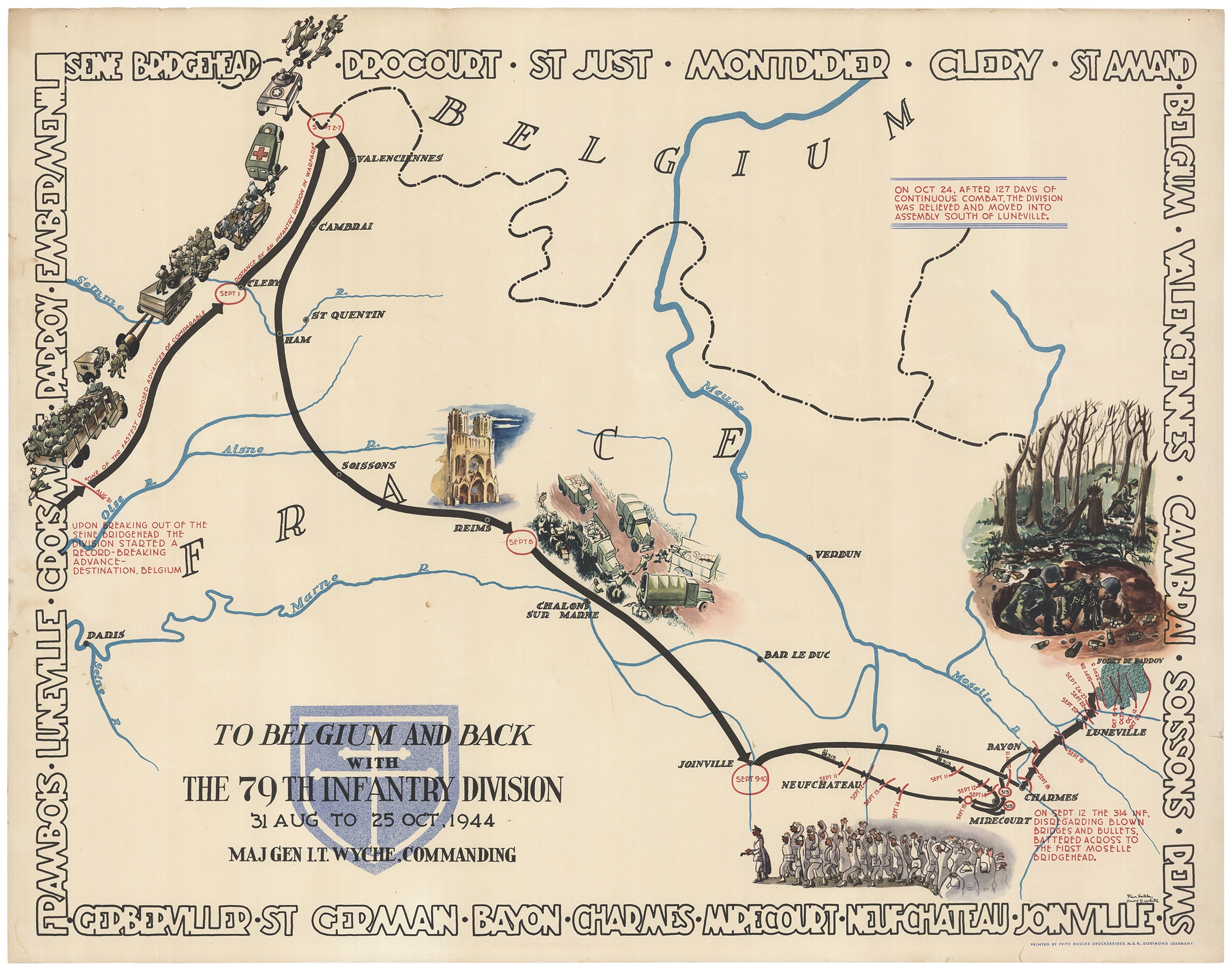 “To Belgium and Back” (August 31–October 25, 1944). After crossing the Seine, the 79th Division embarked on a breakneck advance into Belgium and then through the rest of France, for 127 continuous days of combat. (David Rumsey Historical Map Collection)