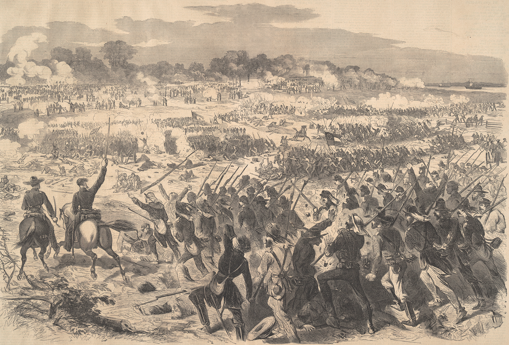 A Harper’s Weekly engraving of the Battle of Malvern Hill shows Confederate infantry charging toward a wall of Union cannons positioned nearly hub to hub. A Georgian in Huger’s Division remembered that shells “burst over our heads, under our feet, and in our faces. (Harper’s Weekly)