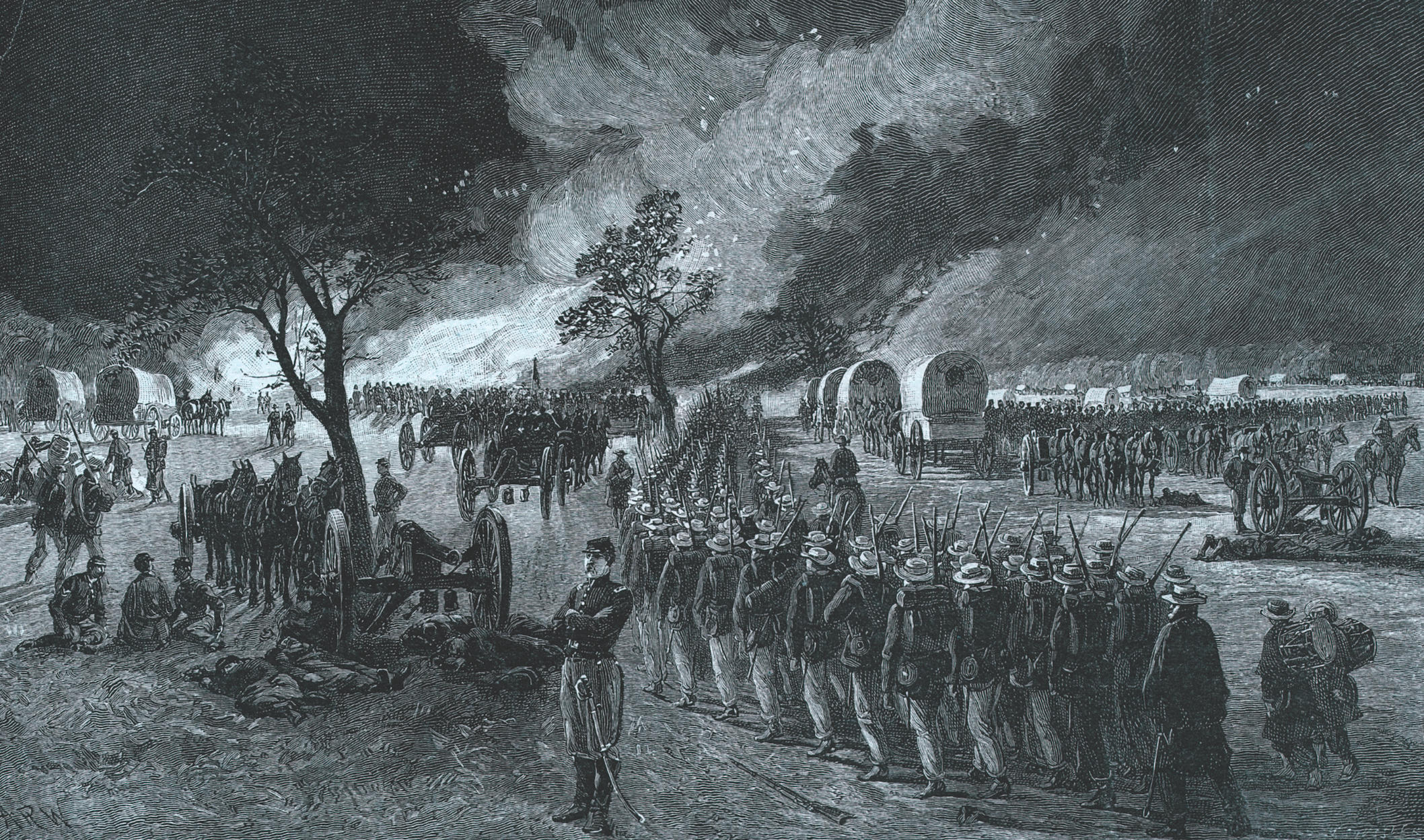 The Army of the Potomac begins its retreat from the Chickahominy River across the Peninsula. The troops at the rear of the column might be the 16th New York, which had been issued distinctive straw hats. (New York Public Library)