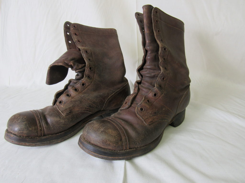 IN HIS SHOES: These combat boots were worn by Sergeant Thomas J. Ruggiero, 2nd Ranger Battalion, as he trained to climb the bluffs at Pointe du Hoc prior to D-Day. However, on June 6, Ruggiero’s landing craft was capsized by a German shell. Ruggiero survived and, two days into the campaign, forged on to scale the cliffs as planned. 