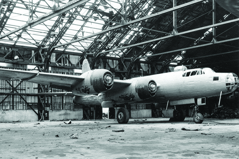 A Renzan with propellers removed sits at Nakajima’s Koizumi plant after the war. (National Archives)