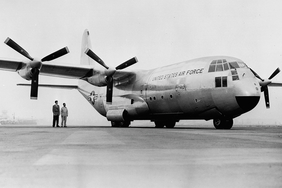 The prototype YC-130’s original three-bladed electric props, which posed problems, were replaced by hydraulic props driven by engine oil pressure. (National Archives)