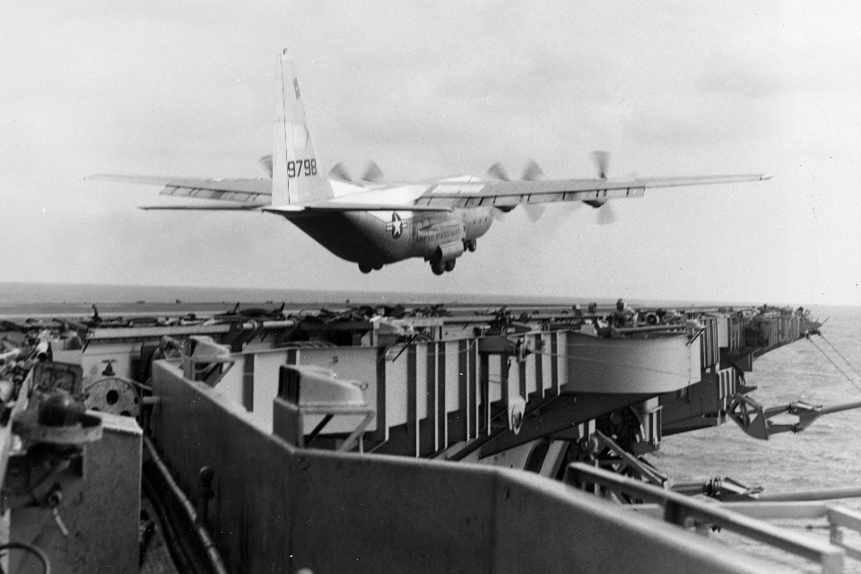 In 1963 a C-130 piloted by Lt. James Flatley became the largest, heaviest aircraft to land and take off unassisted from a carrier. (Naval History and Heritage Command)