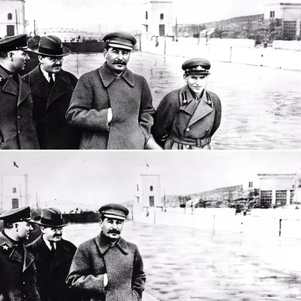 Kliment Voroshilov, Vyacheslav Molotov, Joseph Stalin, and Nikolai Yezhov photographed walking along the Moscow-Volga Canal in April 1937. Yezhov was subsequently removed from the original image. (AFP via Getty Images)