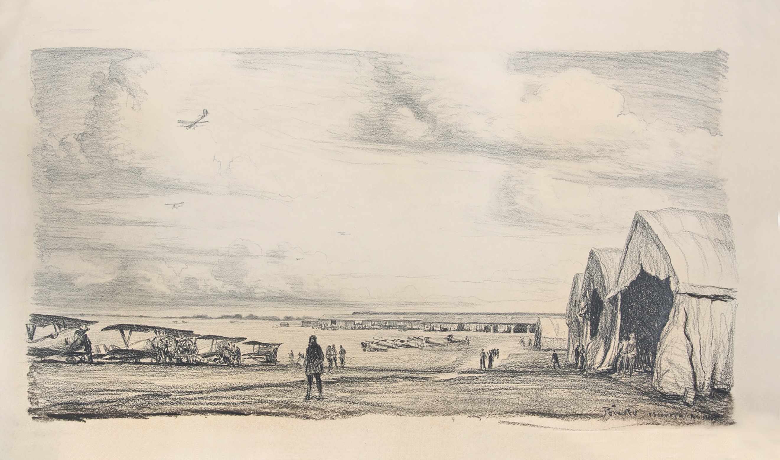 Ernest Peixotto’s sketch of the U.S. Air Service’s 3rd Aviation Instruction Center at Issoudun, France. (National Museum of American History, Smithsonian Institution)