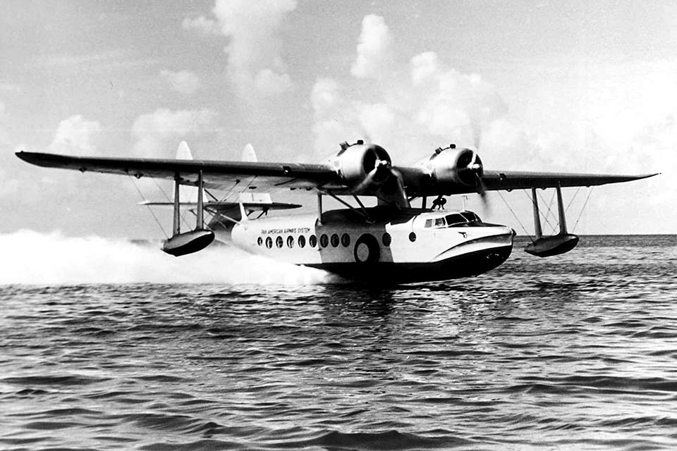 A Pan Am twin-engine Sikorsky S-43 “Baby Clipper” takes off from Dinner Key. (Pan American Historical Foundation)
