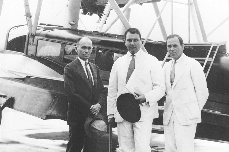 Trippe (center) poses with company officials and the first Sikorsky S-38 to fly scheduled mail from Miami’s Pan American Field in September 1928. (Florida State Library)