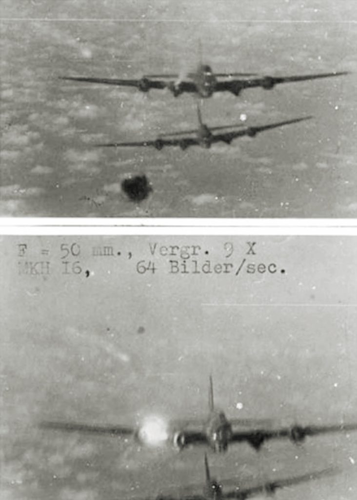 The 97th’s bombing mission on Rouen was a success, despite fierce resistance from German fighters, seen here shooting out a B-17’s engine in gun camera footage from an Fw 190. (National Archives)