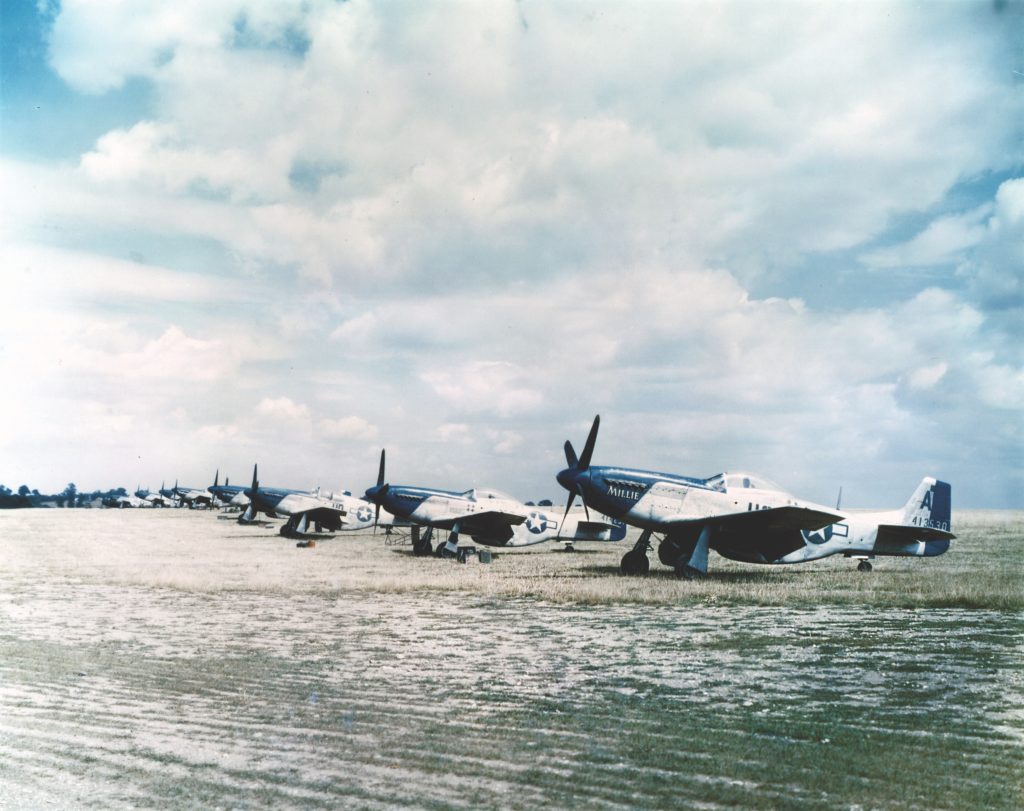The distinctive P-51 Mustangs of Bundy’s unit— the 352nd Fighter Group—inspired the group’s nickname: “Blue-nosed Bastards of Bodney.” (© IWM FRE 2807)