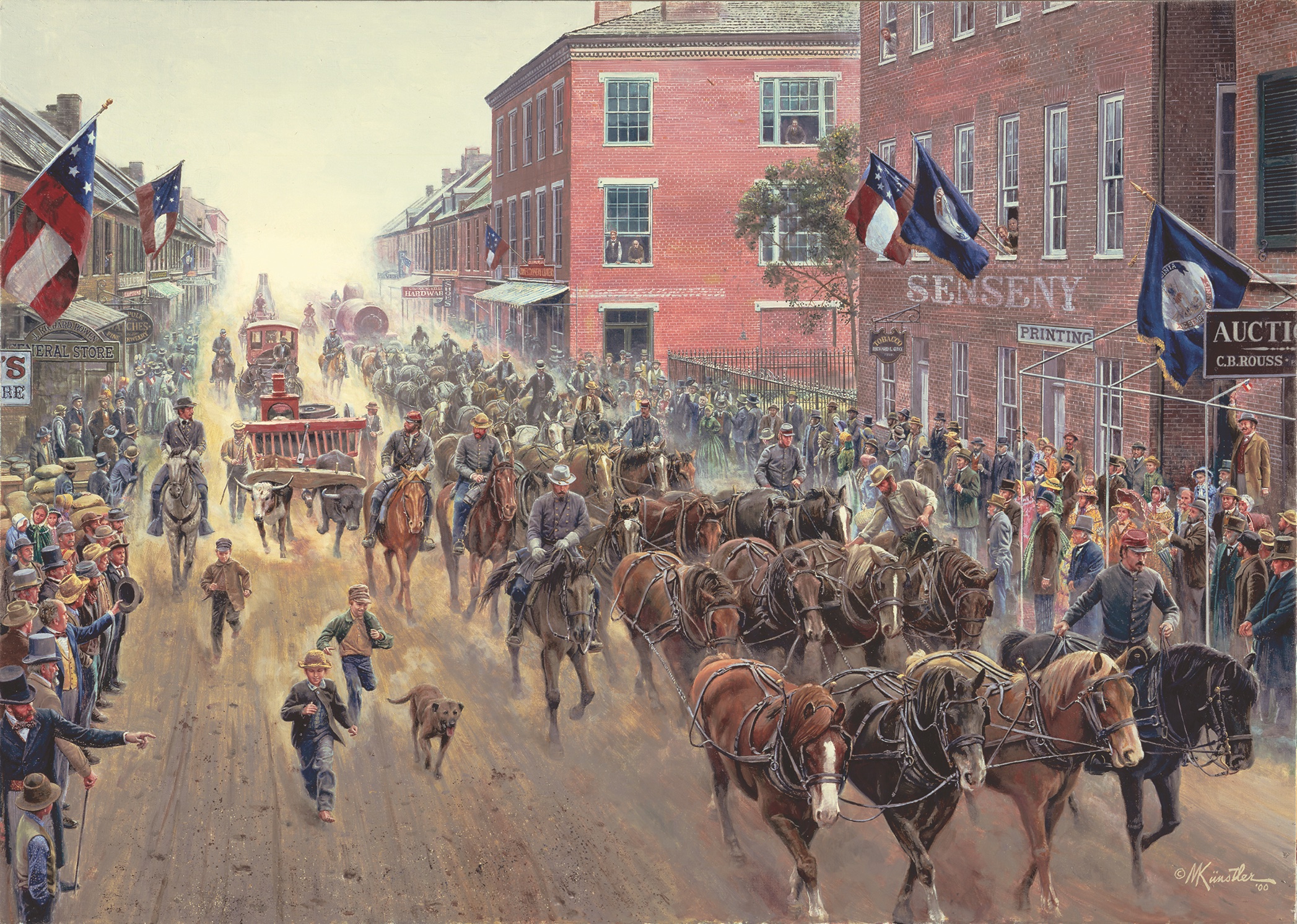 Winchester repeatedly found itself either in Confederate or Union control during the war. Here, Rebel troops traverse the town’s main street before fervent locals. (Iron Horses, Men of Steel by Mort Kunstler ©2000 Mort Kunstler inc., www.mortkunstler.com)