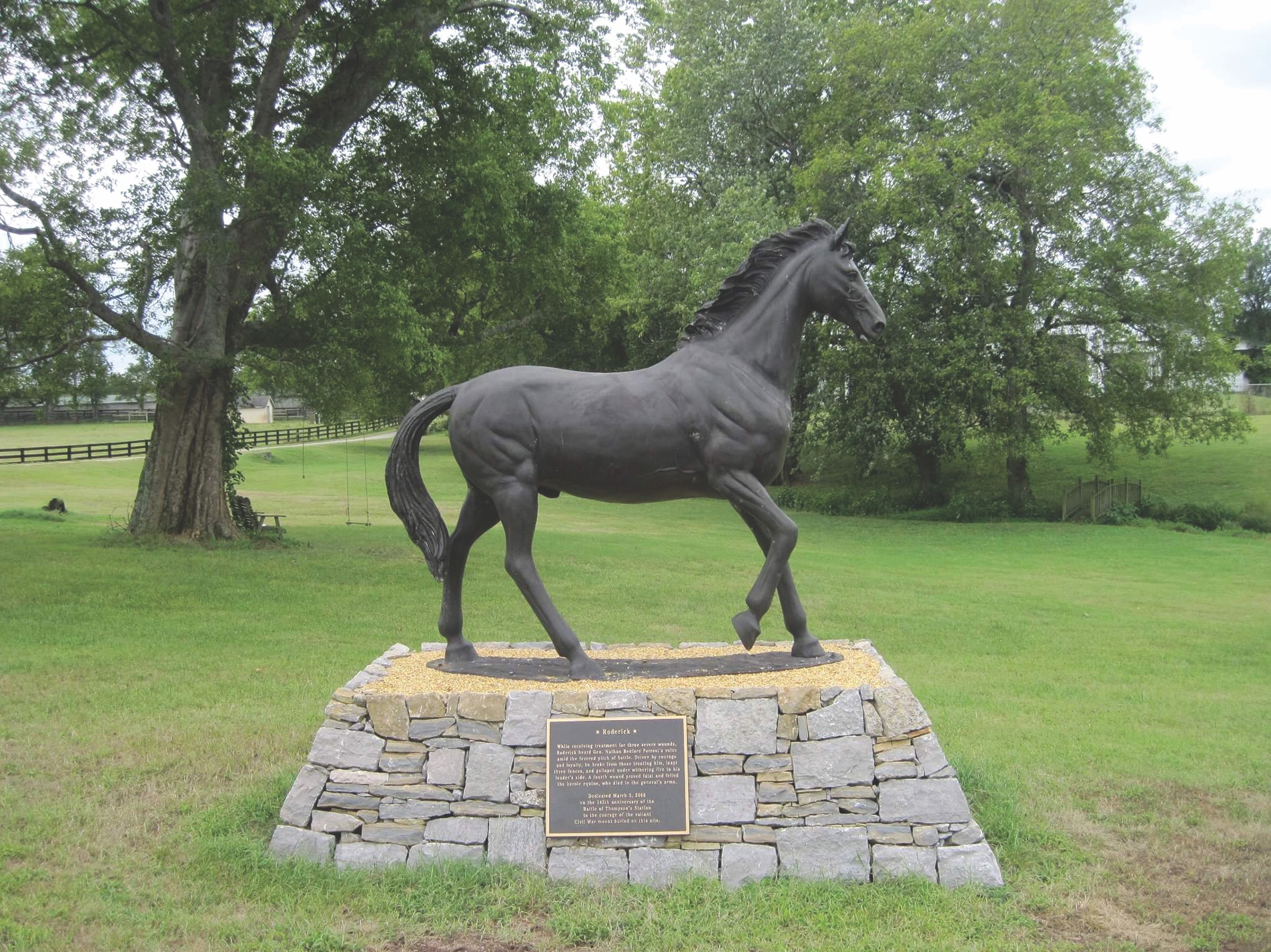 Of the 30 or so mounts shot with Nathan Bedford Forrest in the saddle, the fiery general remembered none more fondly than Roderick. This memorial is on the Thompson’s Station, Tenn., battlefield where Roderick was buried. (DTH Photography)