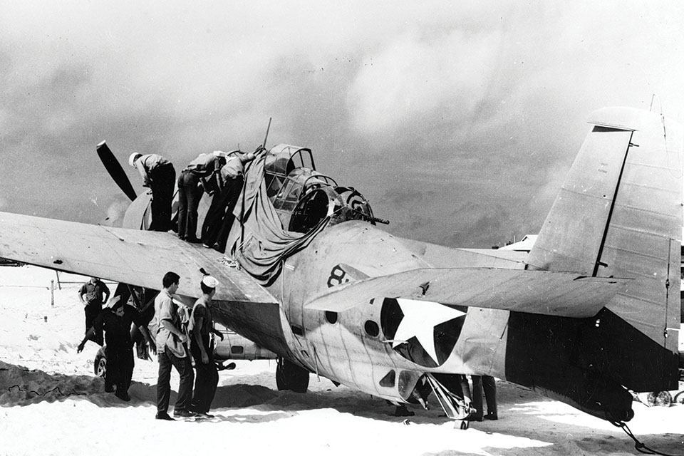 This TBF-1 was the sole survivor of an attack by six Avengers from torpedo squadron VT-8 on June 4, 1942, during the Battle of Midway. (Naval History and Heritage Command)