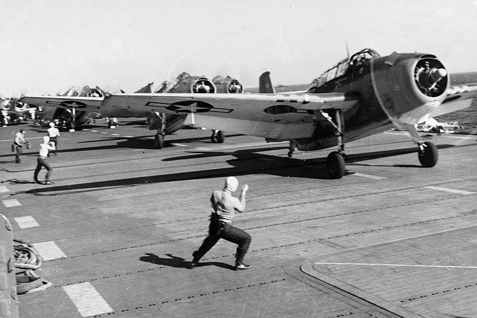 A TBM-1 prepares for takeoff from the light carrier Monterey in June 1944 to attack targets on Tinian. (Naval History and Heritage Command)
