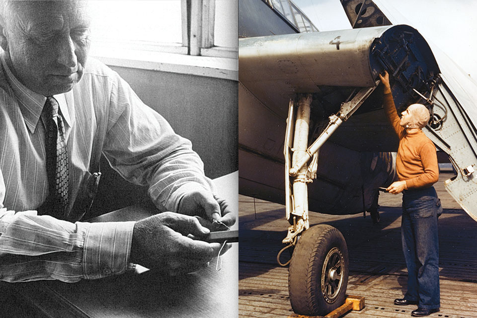 At right, Leroy Grumman shows how he used an eraser and paper clips to conceive the Avenger’s unusual folding Sto-Wings.A plane captain checks the landing gear of a Grumman TBF-1 on board an escort carrier in mid-1943. (Right; Cradle of Aviation Museum, Left; Naval History and Heritage Command)