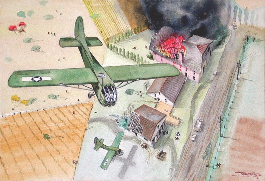  ON SILENT WINGS: A pair of just-released CG-4A Waco gliders skims over the landing zone near Wesel. On display in Baldwin’s watercolor are the dangers inherent to combat landings: fences, power lines, farmhouses—even other gliders. Troops in the gliders’ cargo hold could do nothing but hope and wait for the inevitable rough landing.