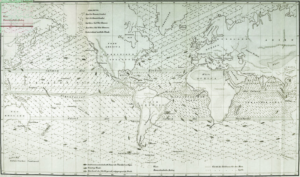 A 19th-century German map based on Maury’s data illustrates Atlantic and Indian Ocean wind patterns. (Paul Fearm/Alamy Stock Photo)