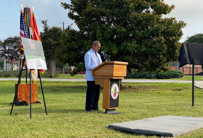 Rep. Sanford Bishop delivers remarks at a memorial unveiling ceremony on Fort Benning, Aug. 3, 2021. (Staff/Davis Winkie)