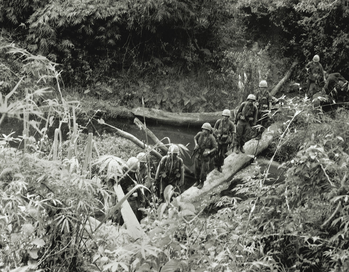 Soldiers in the 4th Infantry Division patrol the jungle in late 1966 during Operation Paul Revere IV, a series of search-and-destroy missions in the region near the Duc Co Special Forces Camp. Charlie Company was doing a sweep of its assigned area in the operation when it was attacked. / Grainger Images