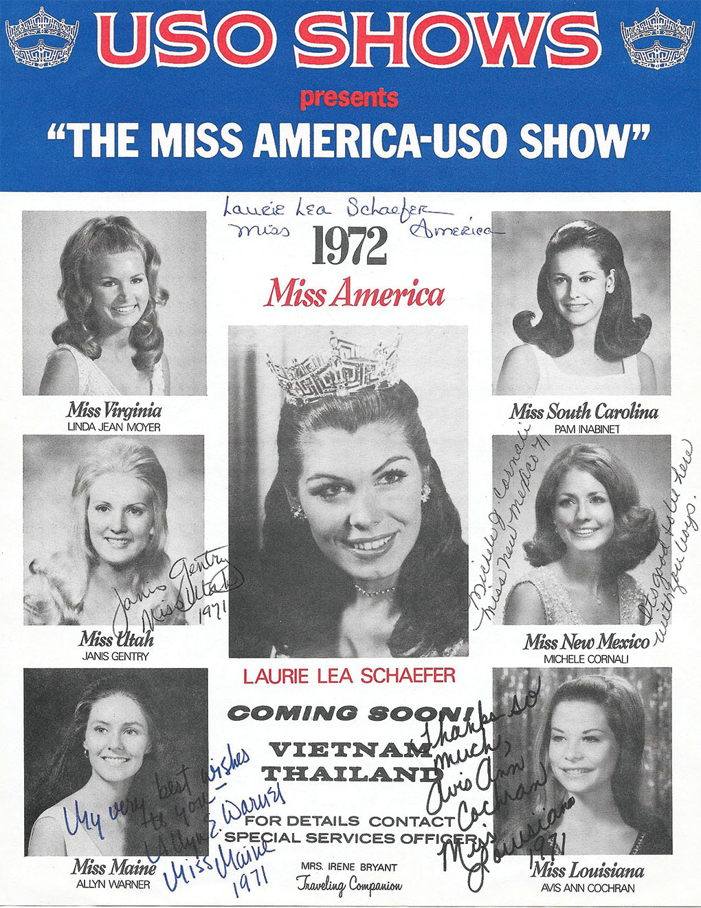 To prove to his buddies back at headquarters that he had breakfast with Miss America and six members of her troupe, Bryan could show them a poster signed by Miss America, Miss Utah, Miss Maine, Miss New Mexico and Miss Louisiana. / Courtesy Hardy W. Bryan