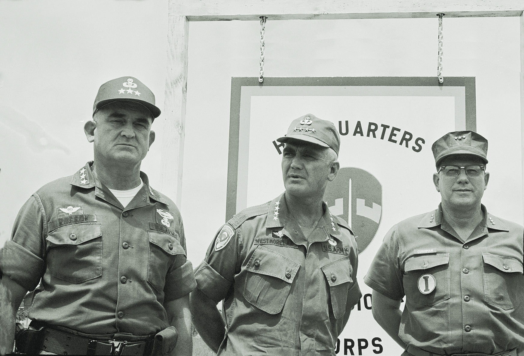 Top U.S. commander in Vietnam, Gen. William Westmoreland, center, was unhappy with the performance of Marine Lt. Gen. Robert Cushman, right, in northern South Vietnam, and put some forces there under the direct control of Army Lt. Gen. William Rosson, left. / Getty Images