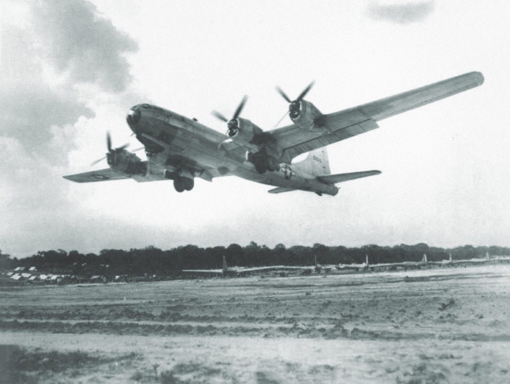 A new B-29 leaves an even-newer runway in India in June 1944. The first-ever B-29 mission involved bombing railroad yards in Bangkok that month; a total of six B-29s were lost. (National Archives) 