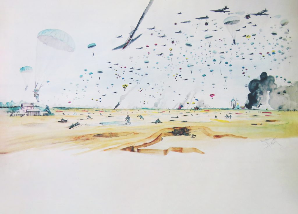 DOWN TO EARTH: Painted from memory the month after his jump, Baldwin’s watercolor depicts his drop zone at the height of Operation Varsity, the airborne operation across Germany’s Rhine River on March 24, 1945. As Wesel, Germany, burns in the background, an armada of C-47s peels back toward Allied lines; the paratrooper about to touch down at far left is Baldwin’s tribute to Private First Class Robert Porterfield Jr., a friend and fellow artist killed during the jump.
