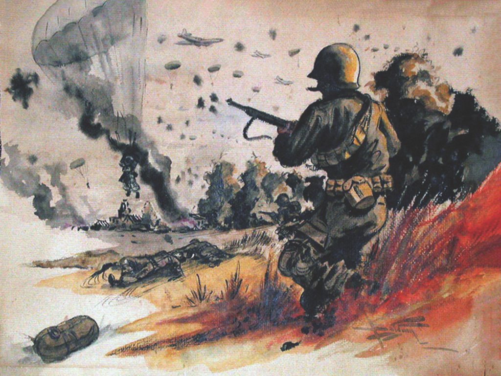 LAND OF THE QUICK OR THE DEAD: Sprinting across the drop zone toward wounded or dead comrades, a paratrooper navigates the crossfire in enemy territory. In March 1945 the Germans had prepared for a suspected airdrop near Wesel and had the 507th Parachute Infantry Regiment’s drop zone well-covered by machine guns and mortars.