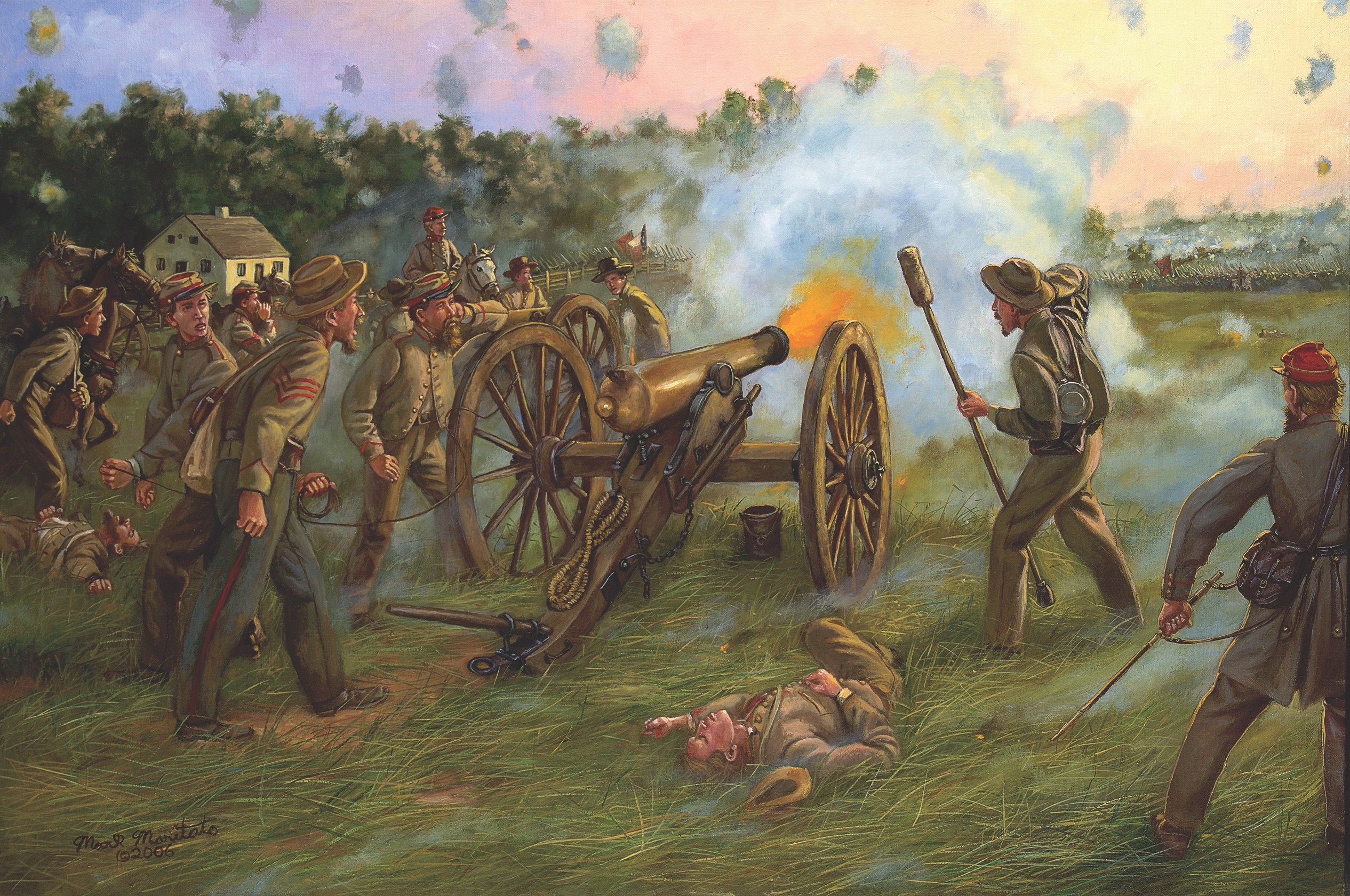 Posted near the Dunker Church at Antietam, gunners in Colonel Stephen D. Lee’s Battalion, which included both Moody’s and Woolfolk’s batteries, unload on approaching Federals. (Mark Maritato/Bridgeman Images)