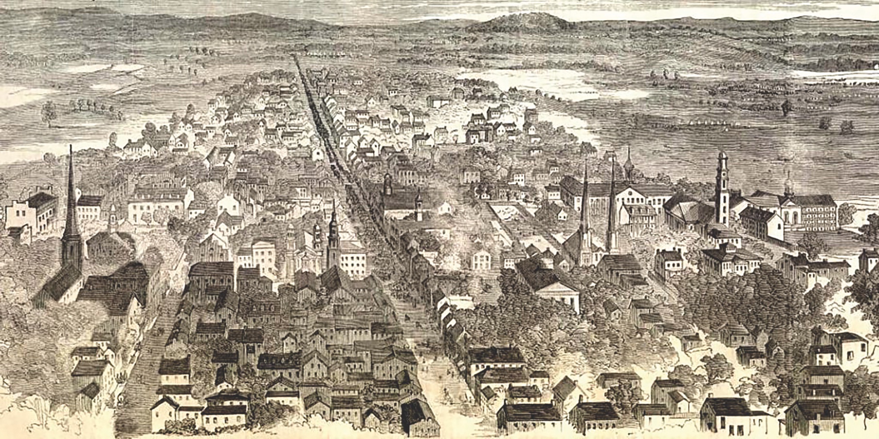A Harper’s Weekly sketch of downtown Frederick. The twin spires of the Evangelical Lutheran Church can be seen. (Harper’s Weekly)