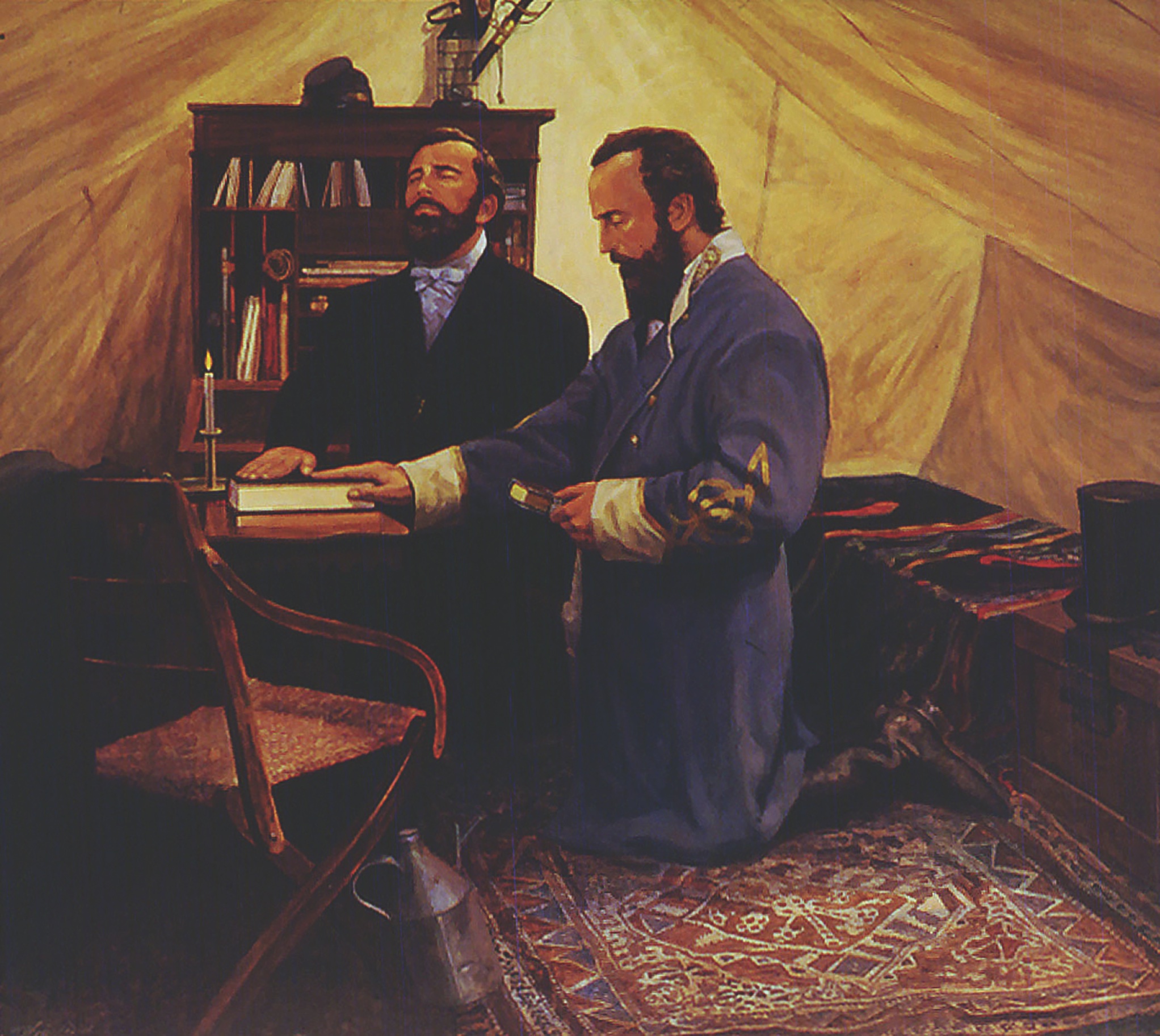 This painting portrays “Stonewall” Jackson praying with his chaplain, the Reverend Beverly Tucker Lacy, in December 1862. Jackson’s religious fervor is celebrated, while McClellan’s has been disdained. (“General and his Chaplain” by Dale Gallon, www.gallon.com)