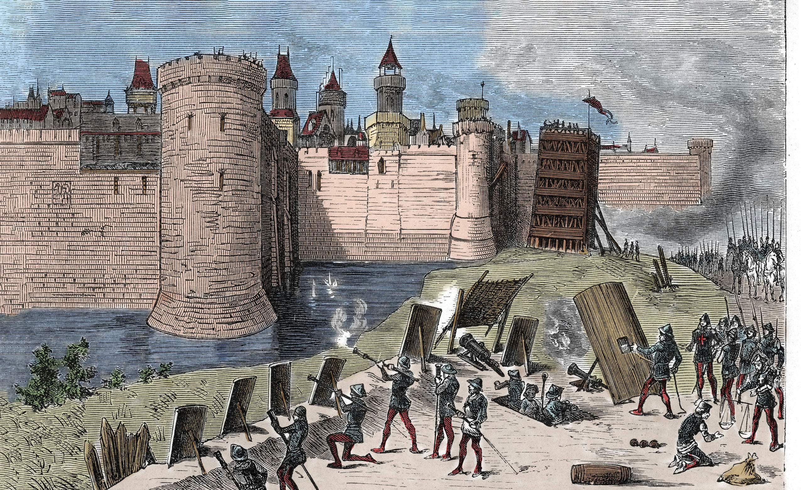 After defeating the French at Crécy, English troops under King Edward III employ hand cannons and bombards alongside traditional weapons of the medieval period during the successful 1346–47 siege of Calais. / Bridgeman Images