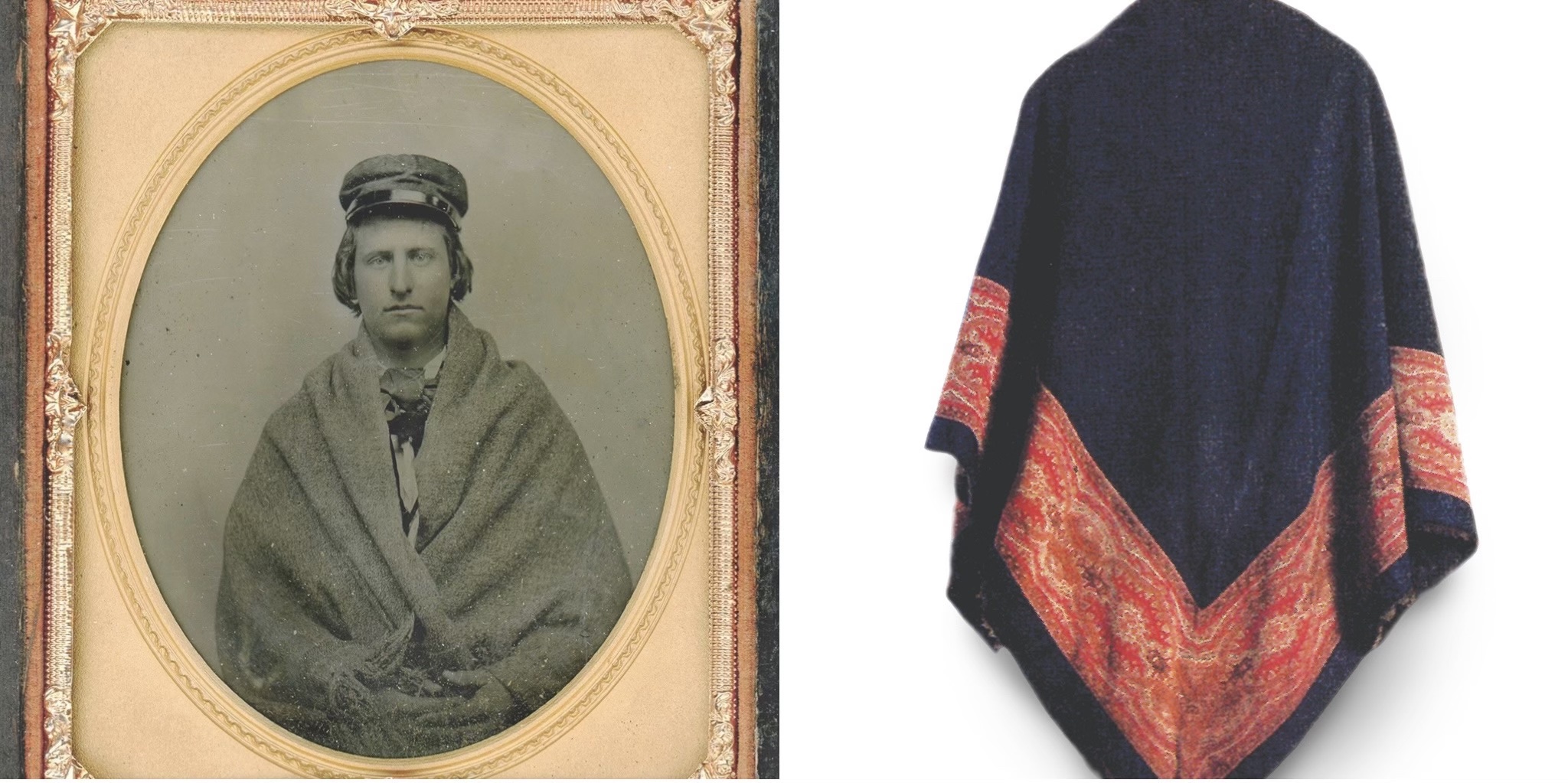 Men often wore plain shawls during the Civil War era, as illustrated in the left image. In the confusion, however, Varina threw her feminine paisley decorated shawl, at right, on Davis’ shoulders. (Dana B.Shoaf collection; Beauvoir)