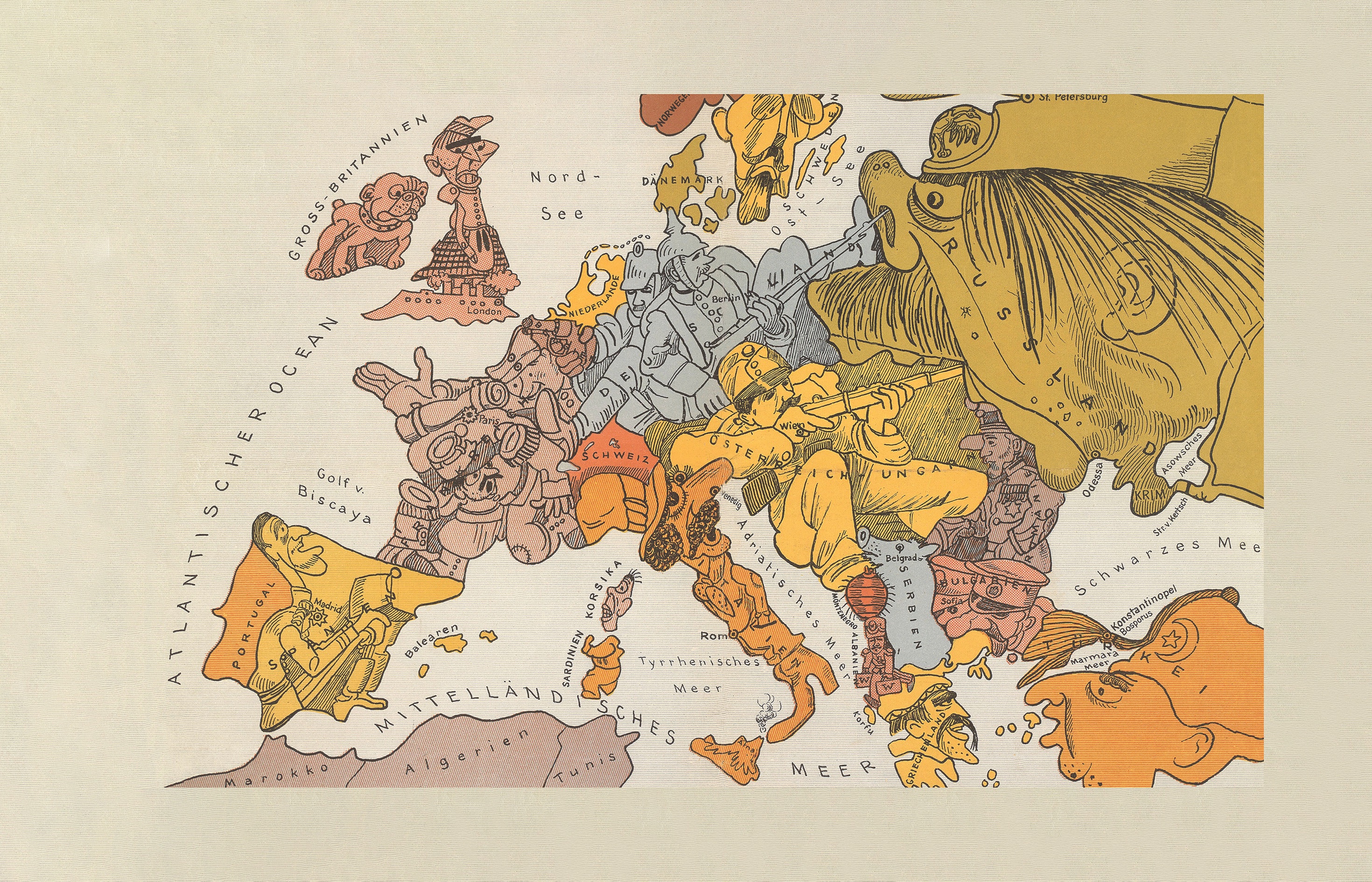 Poland is nowhere to be seen on this satirical map of Europe, published in Germany in 1914. (British Library)