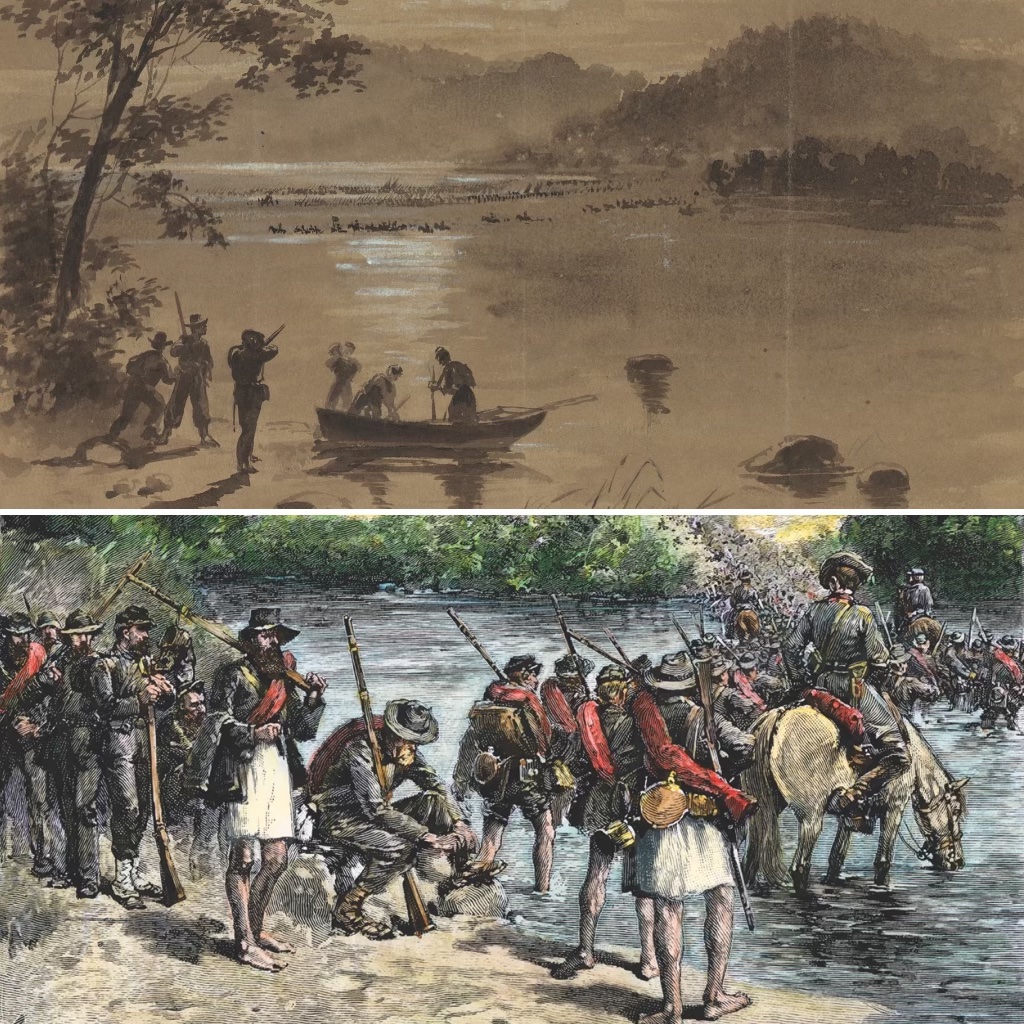 White’s Ford, shown in two images on this page, was where the bulk of Lee’s army crossed the Potomac from Virginia over three days, September 5–7. This sketch by A.R. Waud, labeled as occurring “previous to Antietam,” shows Union scouts in the foreground watching a crossing from the Maryland shore. (Library of Congress; North Wind Picture Archives/Alamy Stock Photo) 