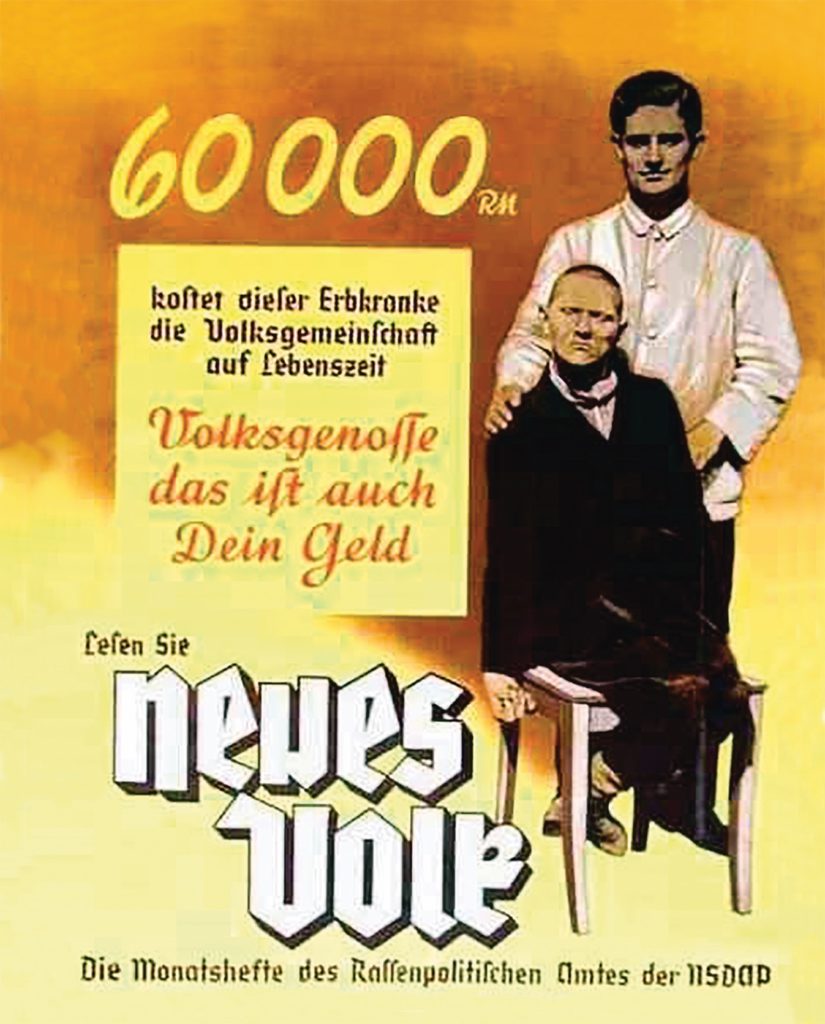 The Nazis saw the chronically ill as a social burden; one propaganda piece (above) informed readers that it cost 60 reichsmarks to look after patients like Franz Karl Buhler (below). (Neues Volk magazine, courtesy of Penguin Random House)