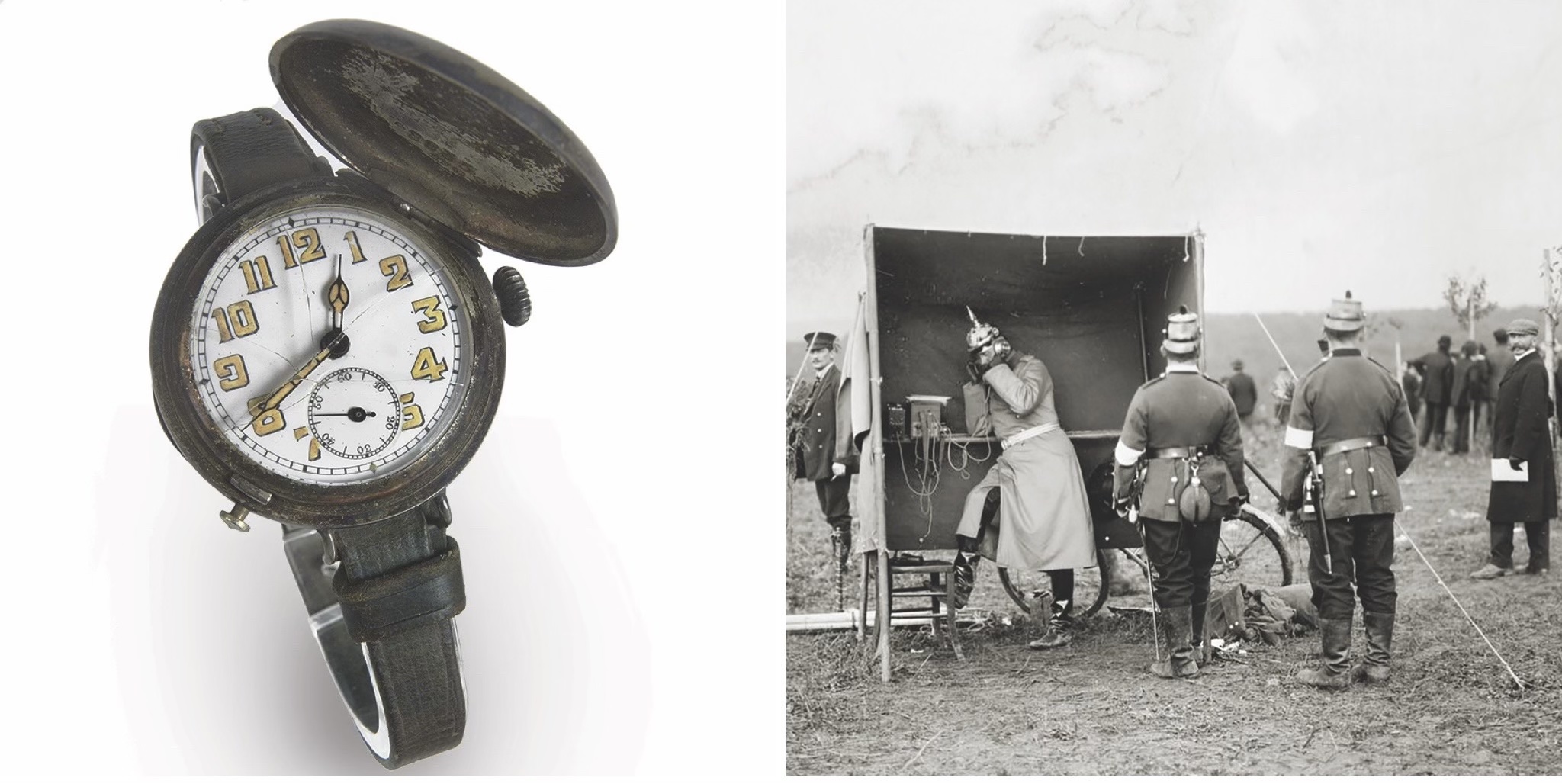 From left: This Swiss-made wristwatch, in a solid nickel hunter case, belonged to Joshua Strong, a corporal in the Canadian infantry, who was killed in action in World War I at age 29; Kaiser Wilhelm II receives a message by field telephone during training maneuvers of the German Imperial Army in Lower Silesia in 1906. (Imperial War Museums)