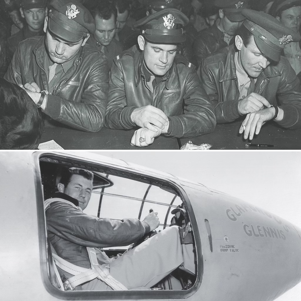 From top: Crew members of a Boeing B-17 Flying Fortress unit operating from Bassingbourn, England, during World War II synchronize their watches during a briefing; on October 14, 1947, Captain Charles E. “Chuck” Yeager, a trailblazing test pilot in the U.S. Air Force, became the first man to fly faster than the speed of sound. (National Archives; U.S. Air Force) 