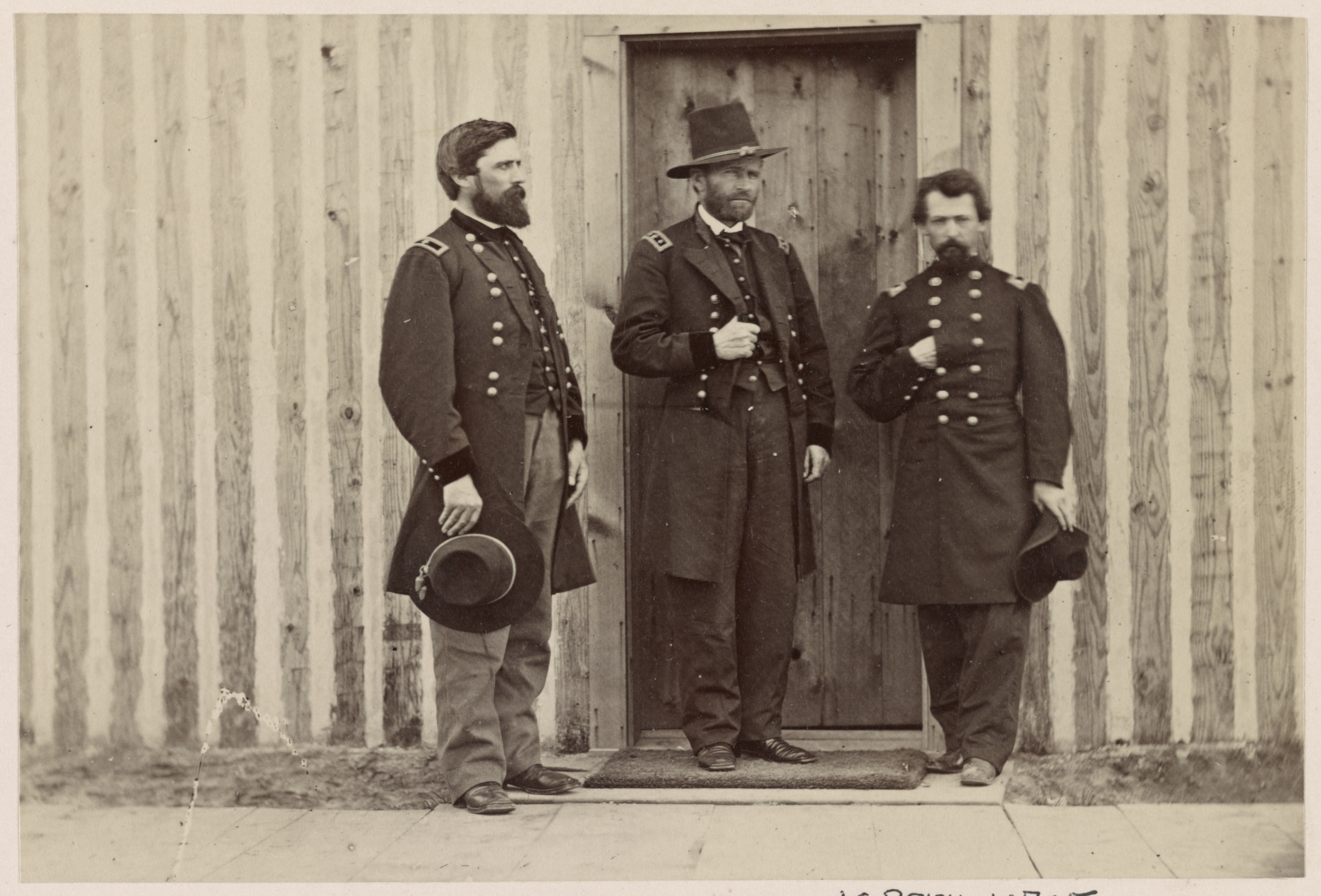 Brig. Gen. John A. Rawlins, left, Lt. Gen. Ulysses S. Grant, center, and Lt. Col. Theodore S. Bowers at City Point, Virginia. (Library of Congress)